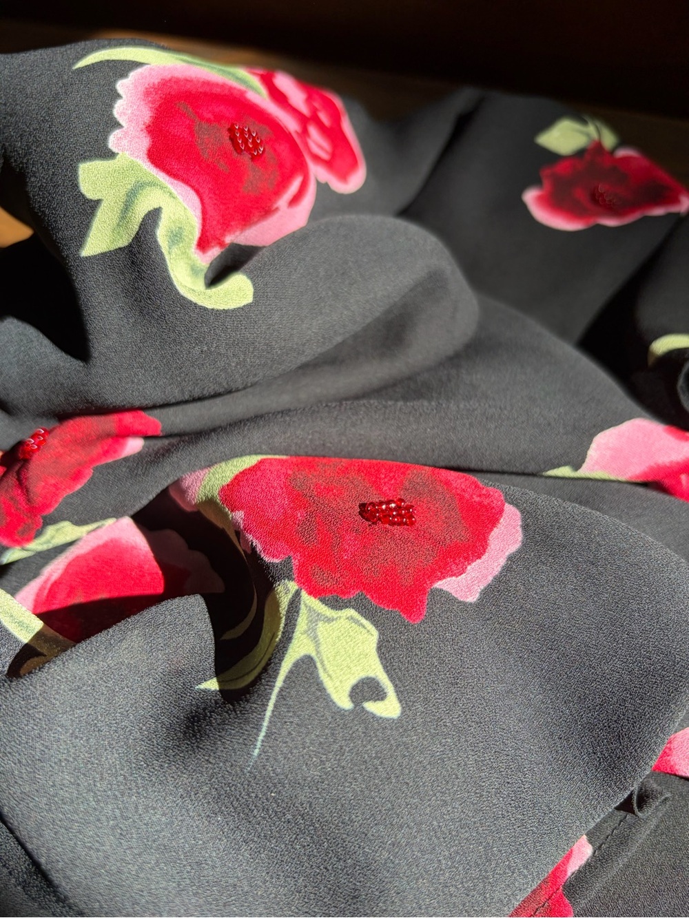 Black Floral Scarf with Red Rose Print